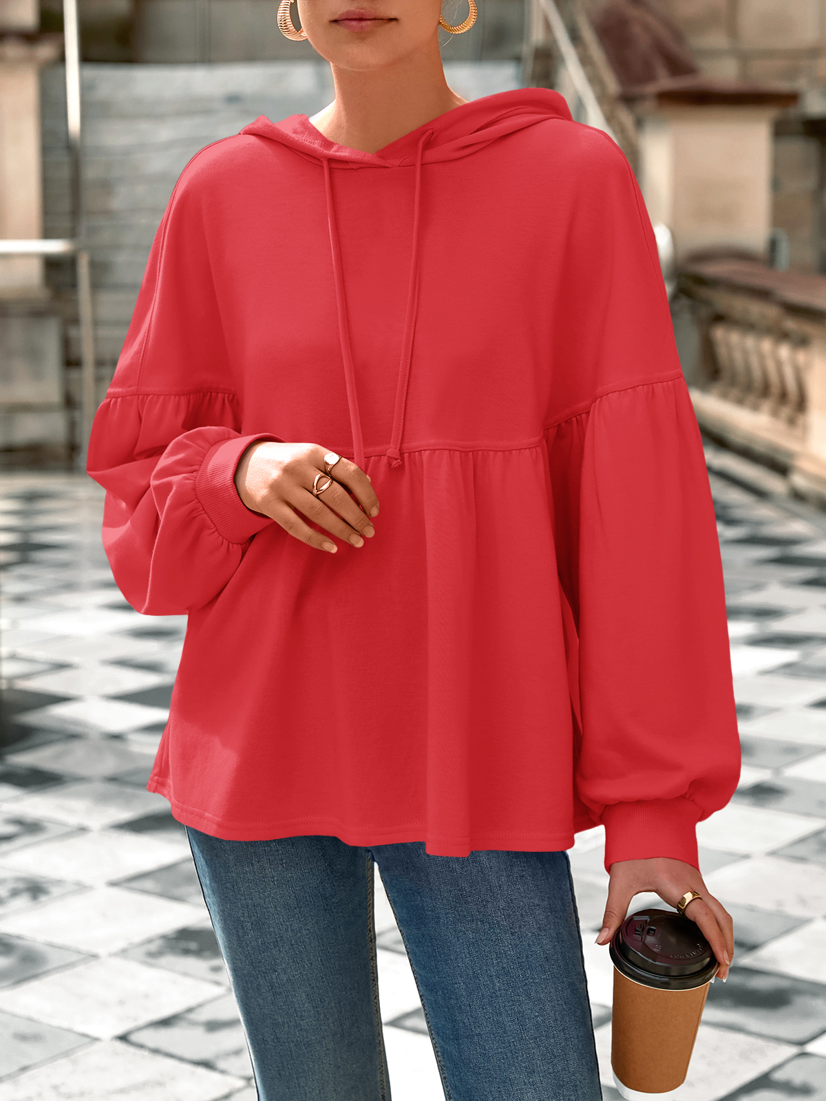 Lantern Long Sleeve Drawstring Peplum Hem Hoodies