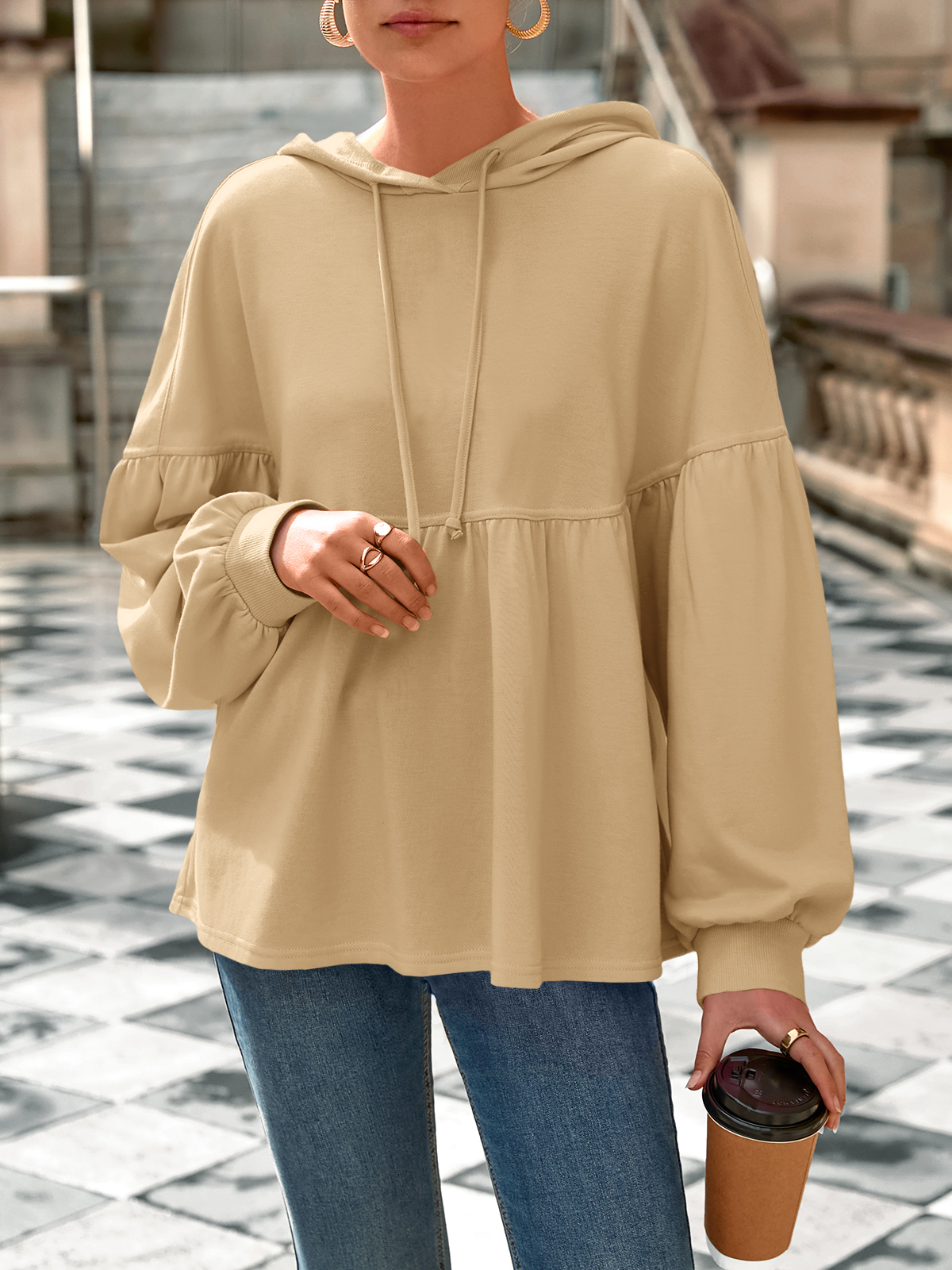 Lantern Long Sleeve Drawstring Peplum Hem Hoodies