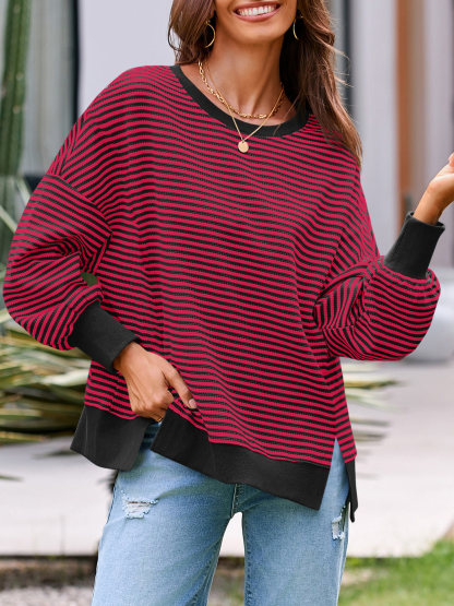 Women's Waffle Knit Long Sleeve Crewneck Oversized Sweatshirt