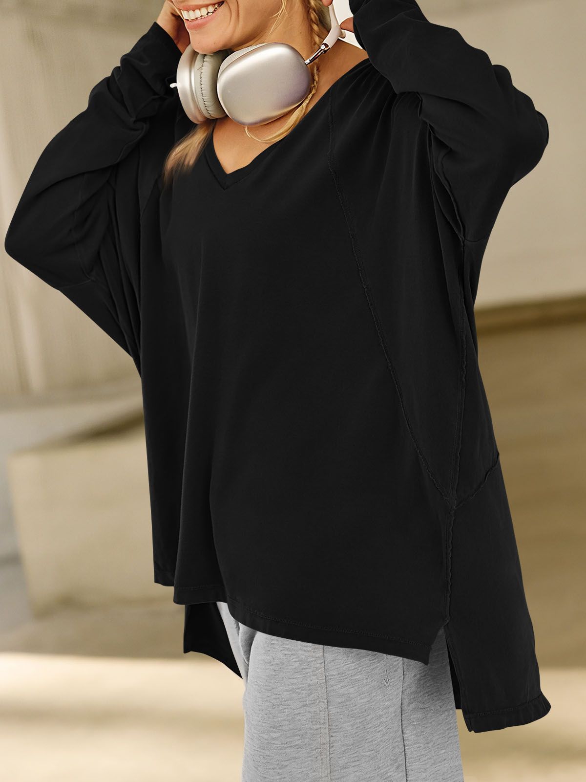 High Low V Neck Oversized Tunic Tops