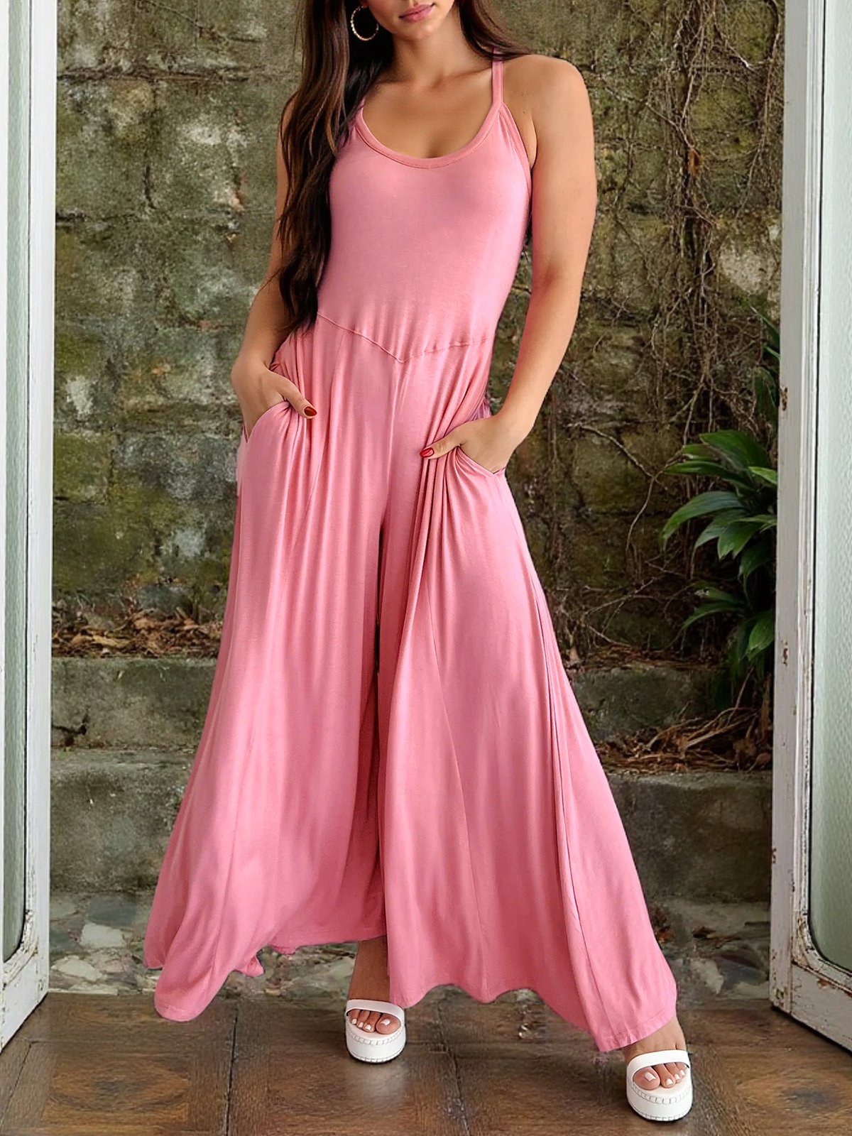 Womens Casual Wide Leg Jumpsuits Spaghetti Strap Sleeveless Cross Back Loose Long Pants Overalls With Pockets