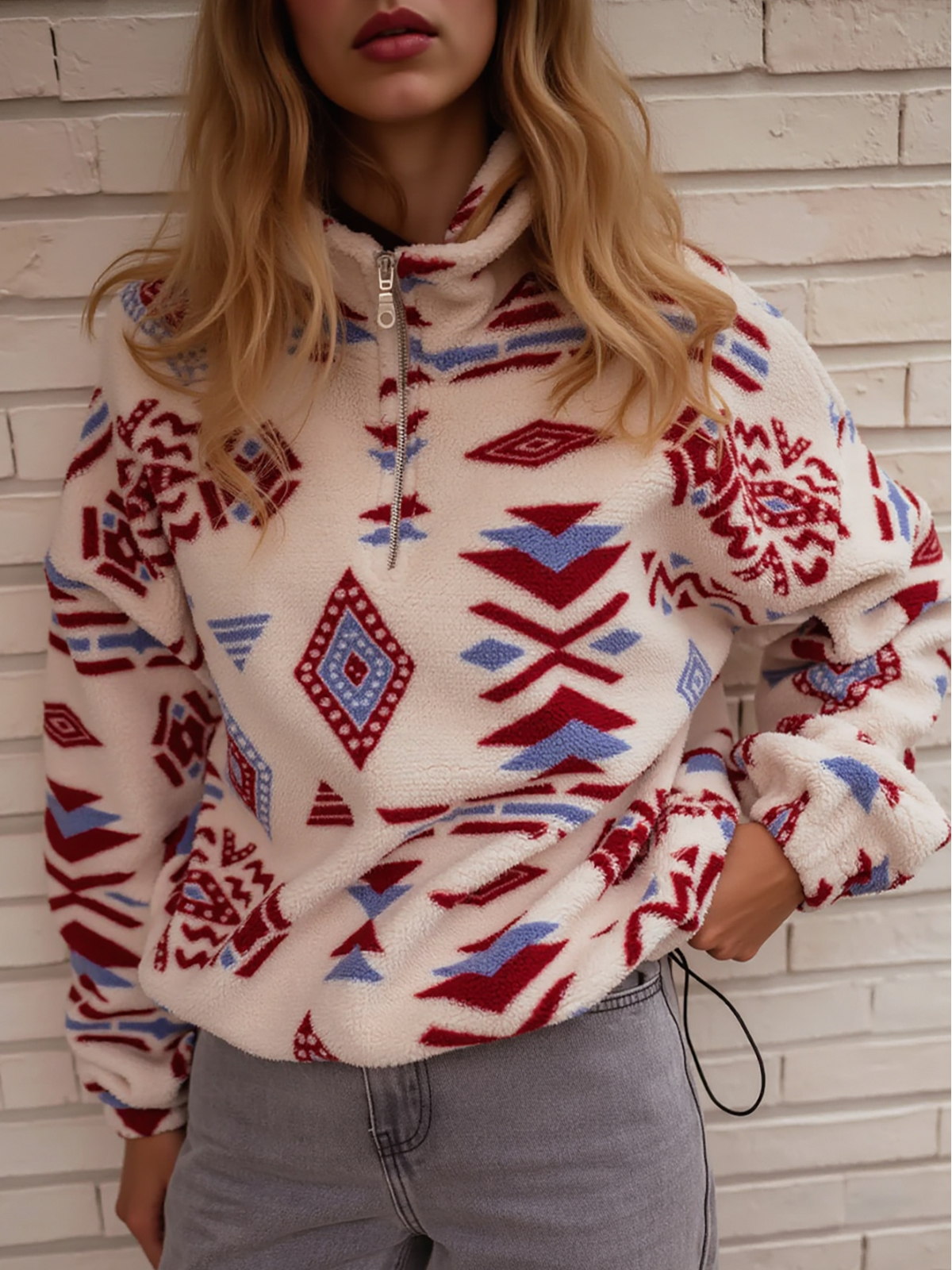 Quarter Zip Fleece Jacket Western Aztec Print Long Sleeve Zip Up Shacket Jackets with Pockets