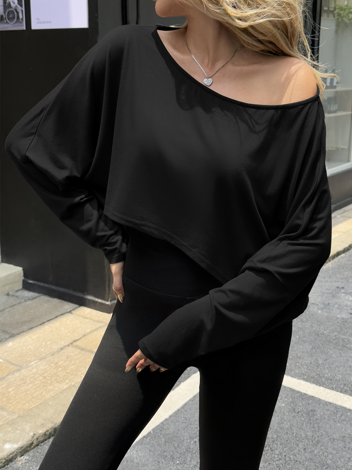Off The Shoulder Batwing Long Sleeve Cropped Tops