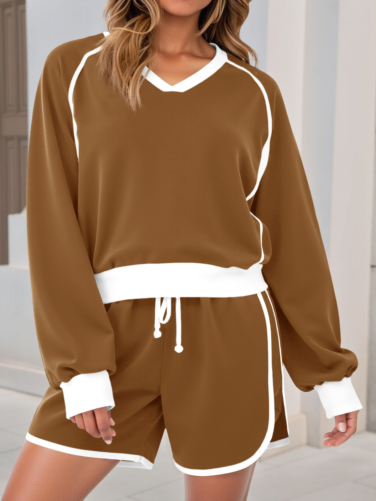 Casual V Neck Contrast Color Workout Shorts Sets Loose Fall 2 Piece Outfits