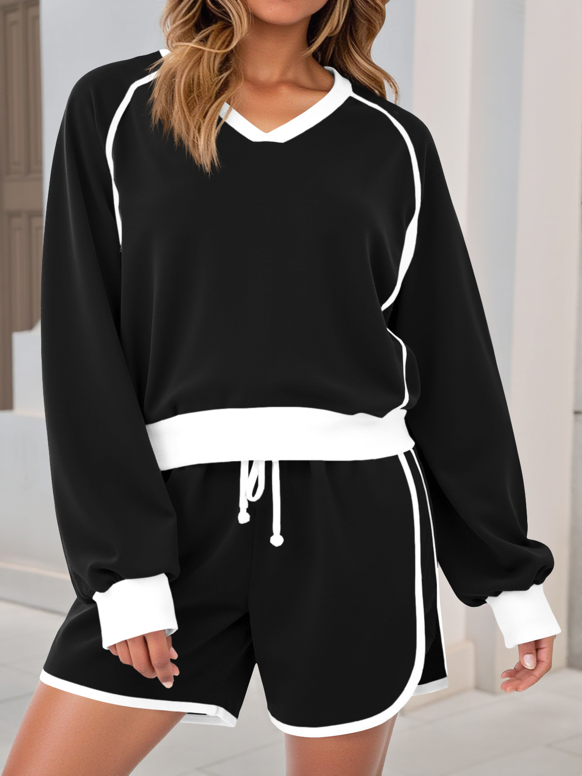 Casual V Neck Contrast Color Workout Shorts Sets Loose Fall 2 Piece Outfits