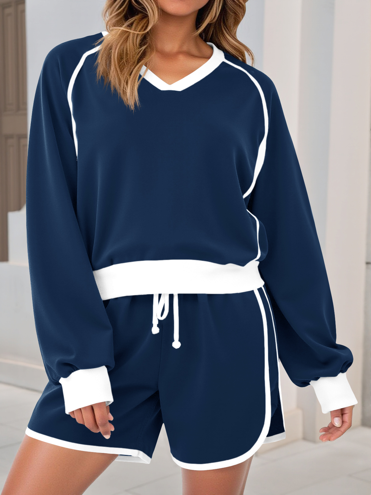 Casual V Neck Contrast Color Workout Shorts Sets Loose Fall 2 Piece Outfits