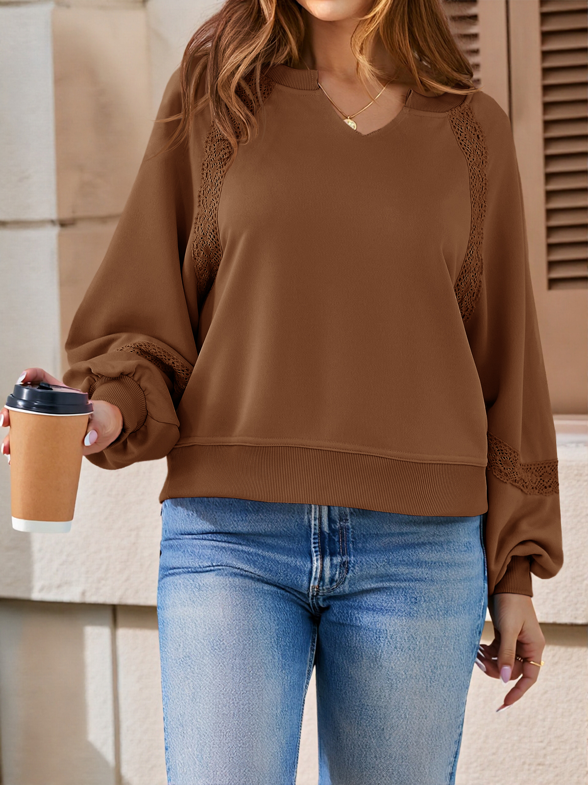 Casual V Neck Lace Lantern Long Sleeve Loose Fall Sweatshirt