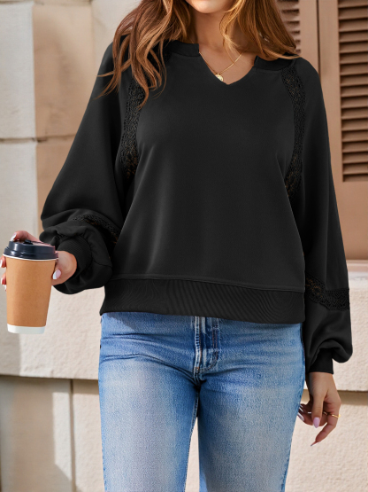 Casual V Neck Lace Lantern Long Sleeve Loose Fall Sweatshirt