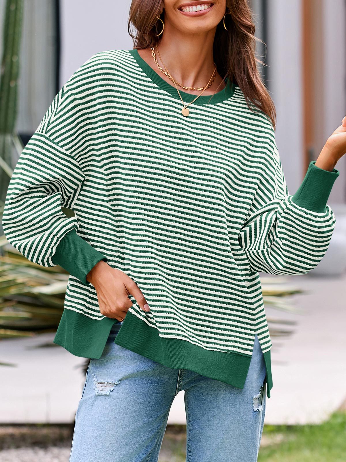 Women's Waffle Knit Long Sleeve Crewneck Oversized Sweatshirt