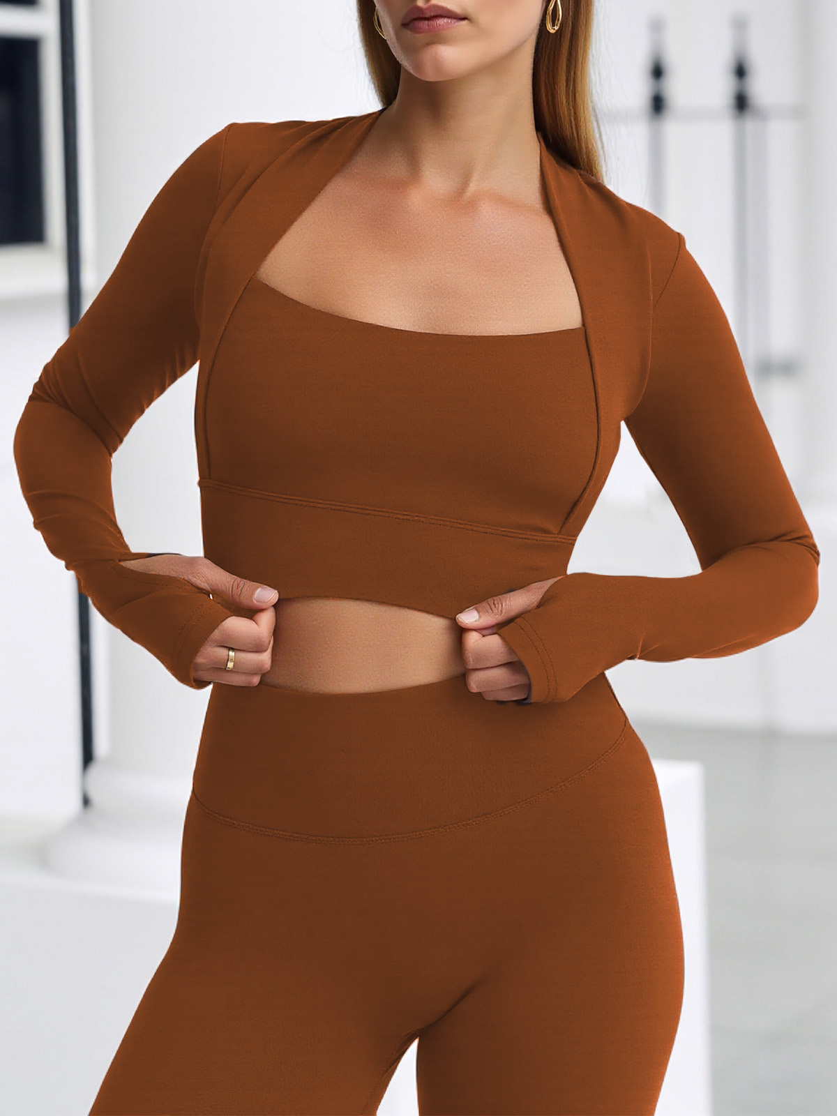 Fisoew Womens Long Sleeve Fitted Workout Tops Padded Yoga Gym Cropped T-Shirts Square Neck Tees Tops with Thumb Hole