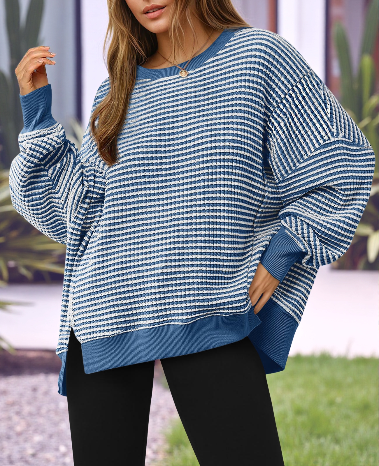 Women's Waffle Knit Long Sleeve Crewneck Oversized Sweatshirt