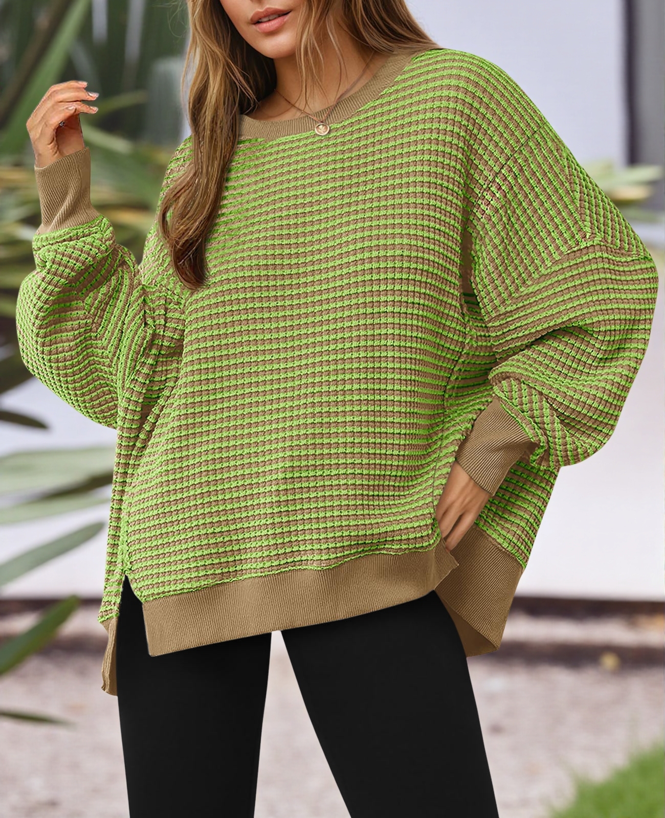 Women's Waffle Knit Long Sleeve Crewneck Oversized Sweatshirt