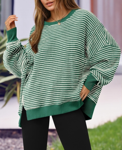 Women's Waffle Knit Long Sleeve Crewneck Oversized Sweatshirt