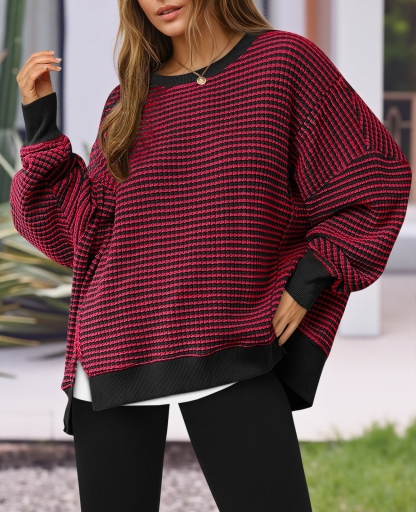 Women's Waffle Knit Long Sleeve Crewneck Oversized Sweatshirt