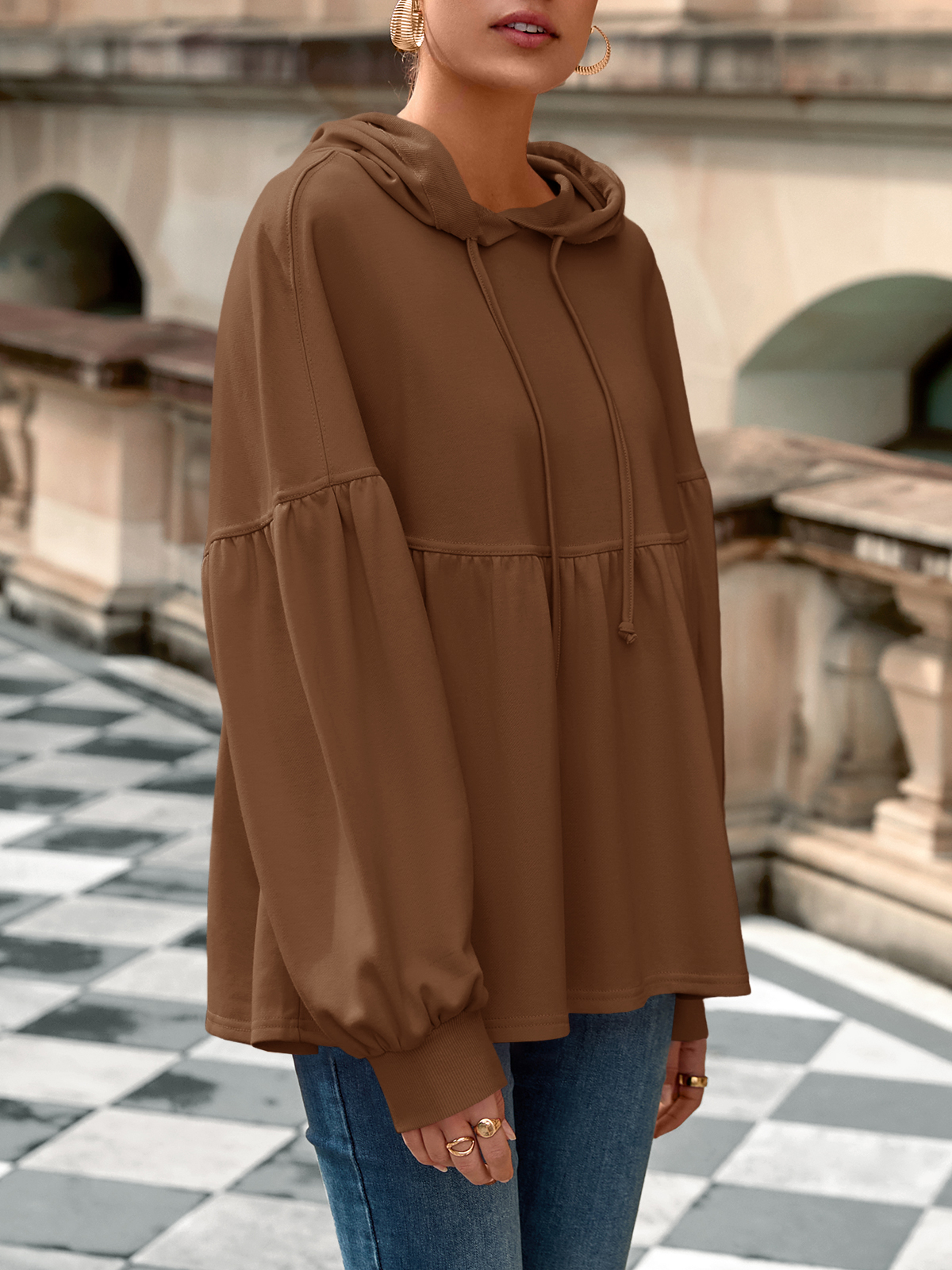 Lantern Long Sleeve Drawstring Peplum Hem Hoodies