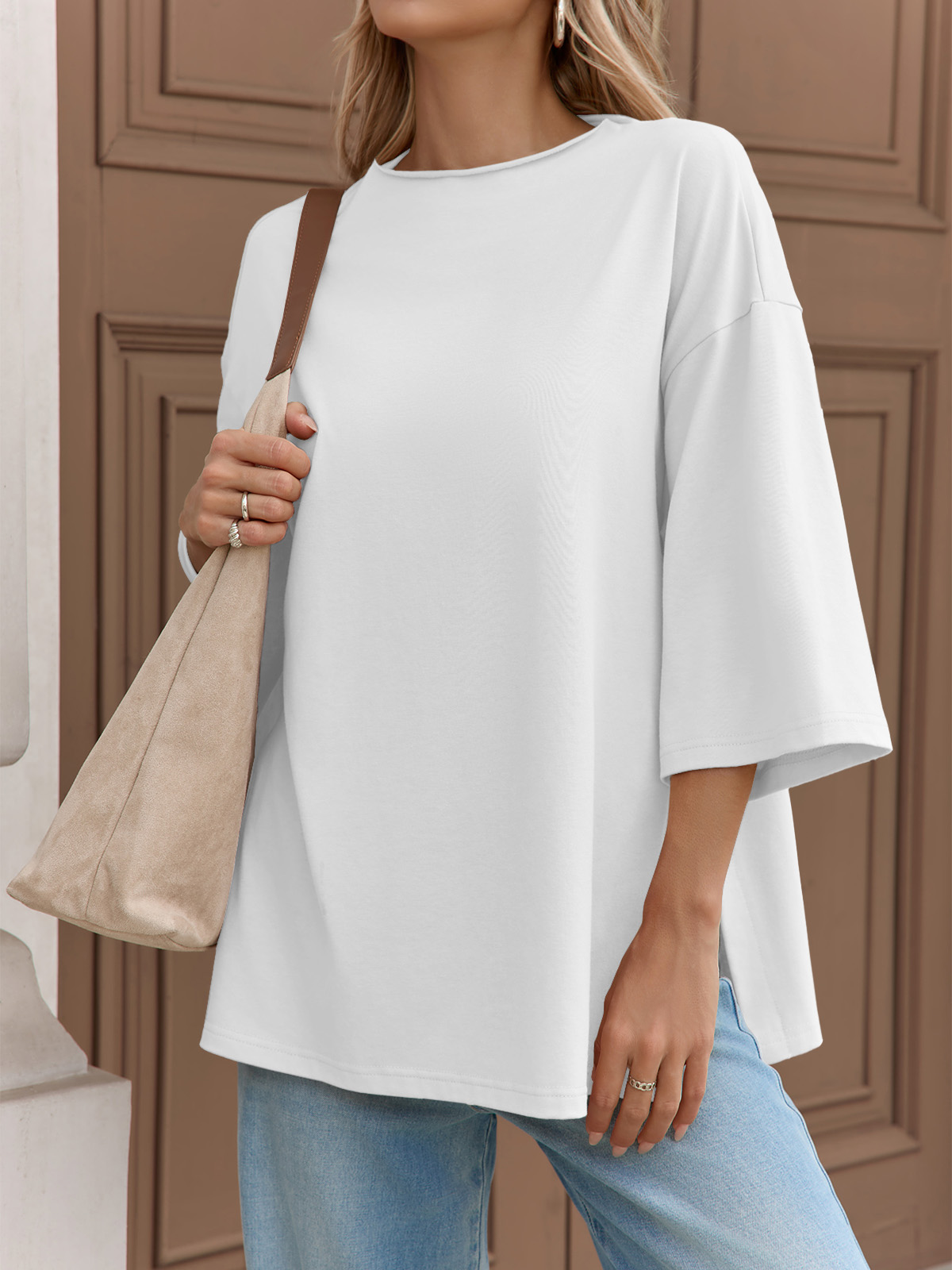 Casual Oversized 3/4 Sleeve Summer Loose Side Slit T Shirts