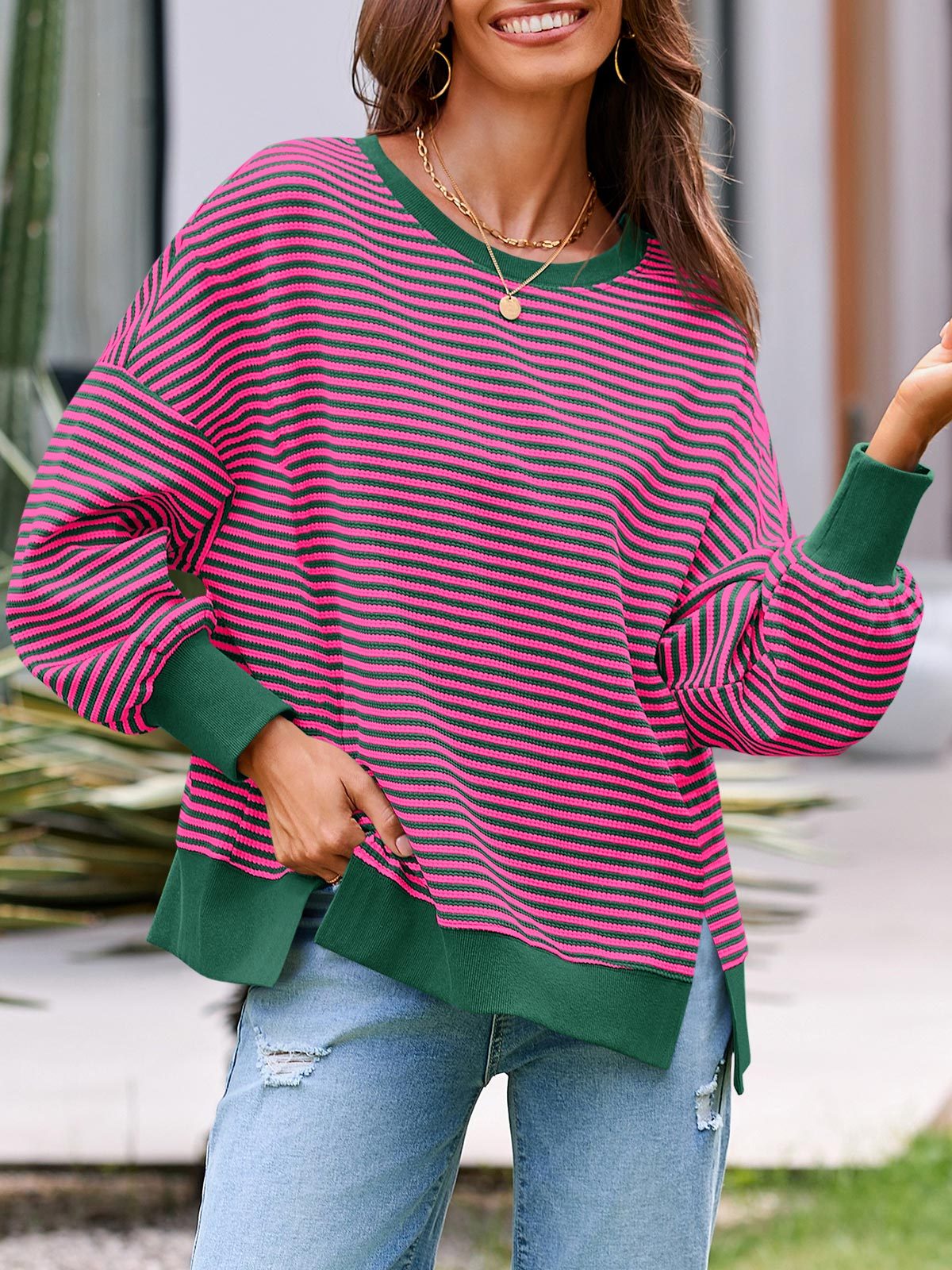 Women's Waffle Knit Long Sleeve Crewneck Oversized Sweatshirt