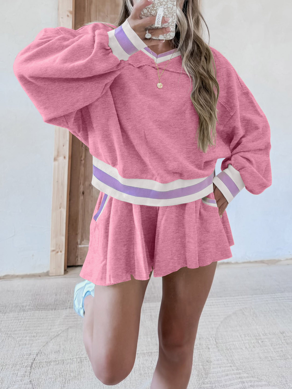 Womens Cropped Sweatshirt Loose Shorts Casual 2 Piece Lounge Sets