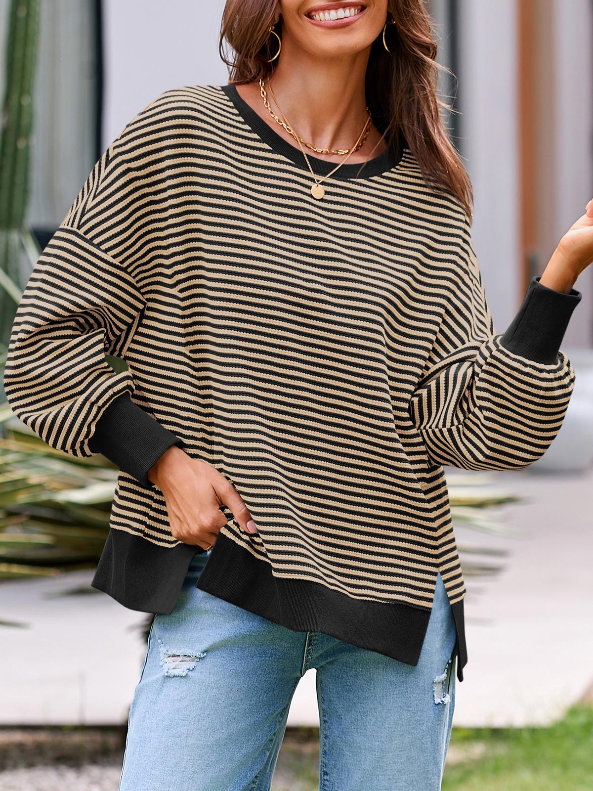 Women's Waffle Knit Long Sleeve Crewneck Oversized Sweatshirt