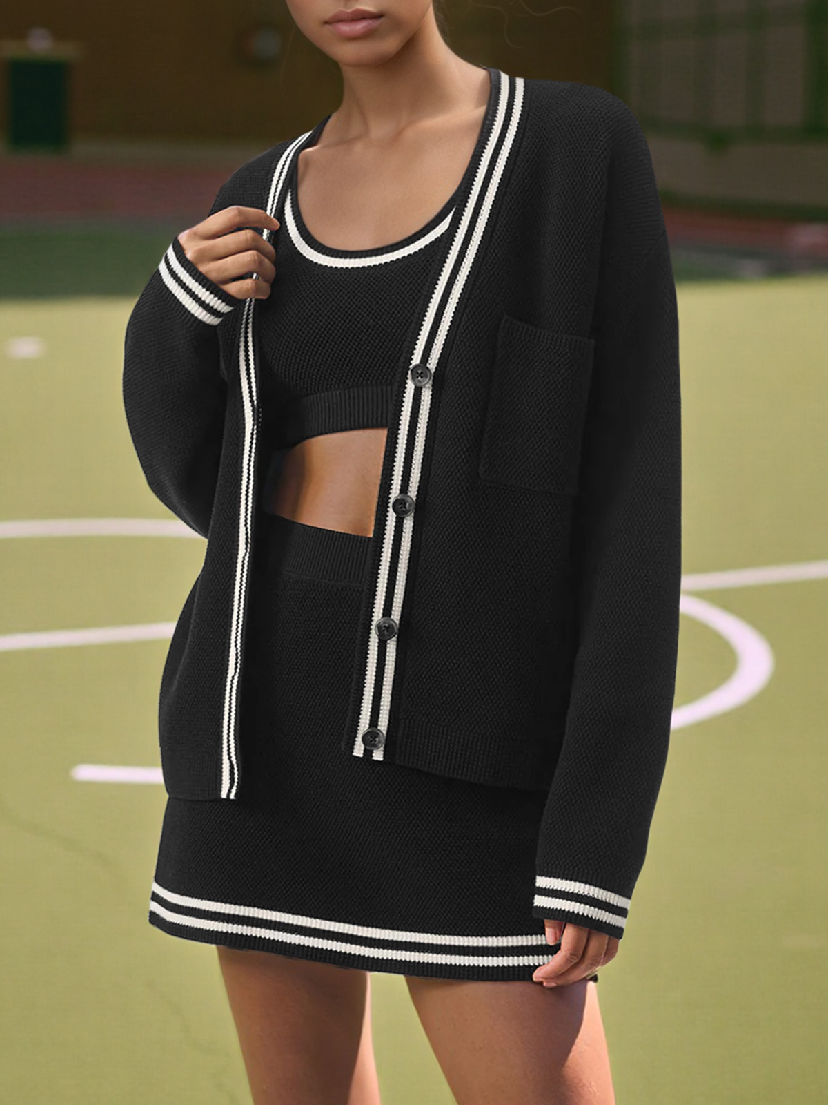 Button Front Cardigan High Waisted Skirts Workout Knit 3 Piece Sets