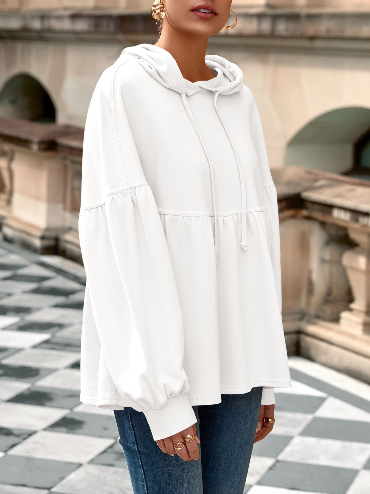Lantern Long Sleeve Drawstring Peplum Hem Hoodies