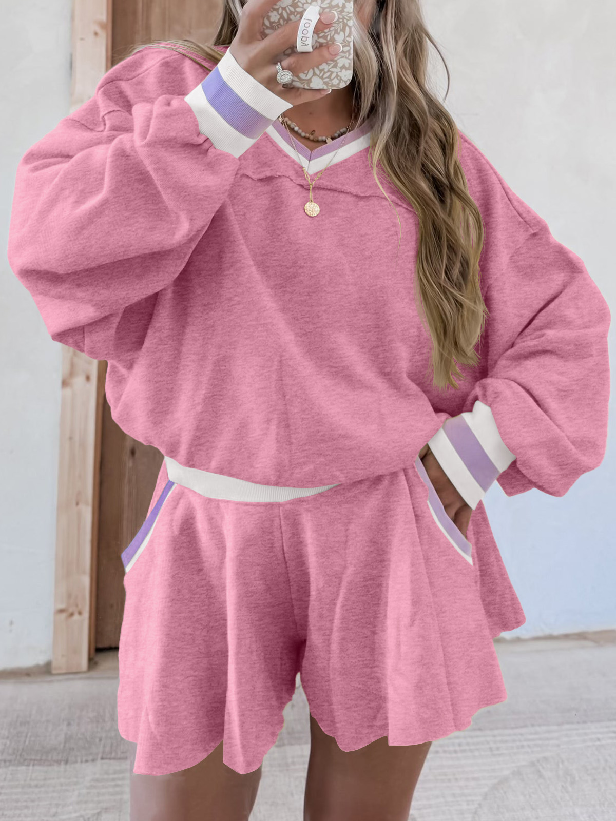 Womens Cropped Sweatshirt Loose Shorts Casual 2 Piece Lounge Sets