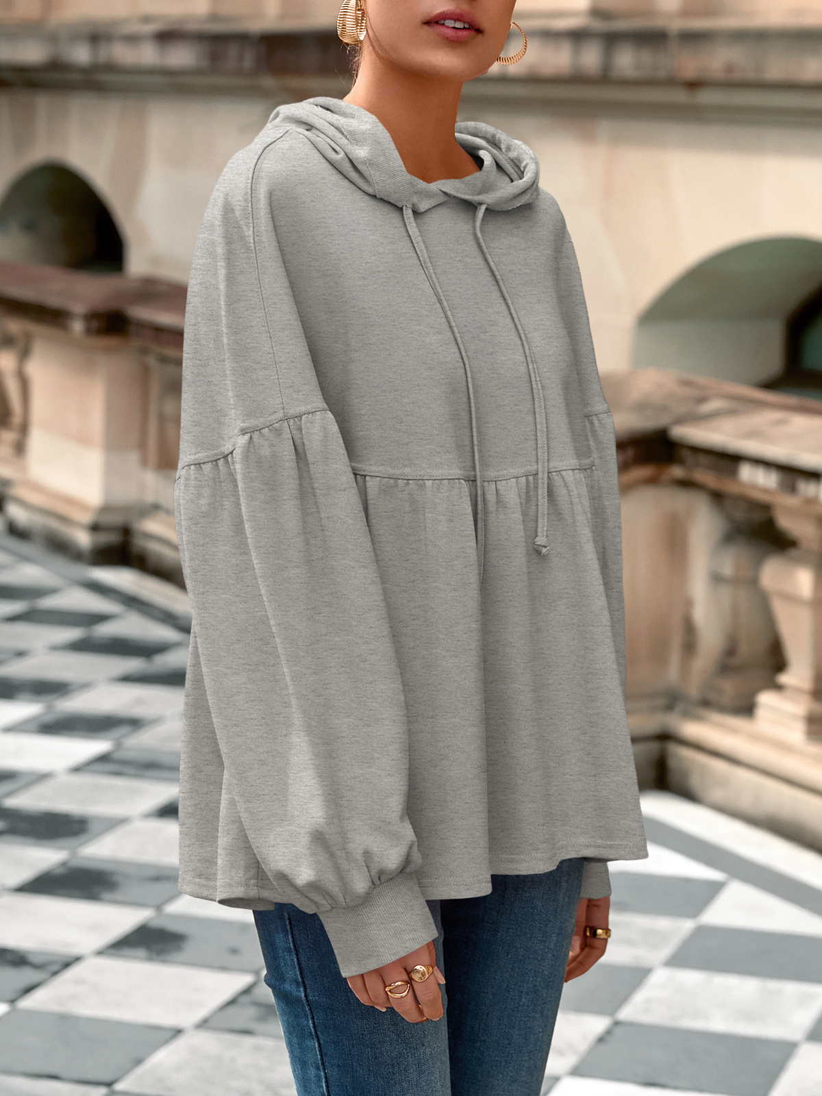 Lantern Long Sleeve Drawstring Peplum Hem Hoodies