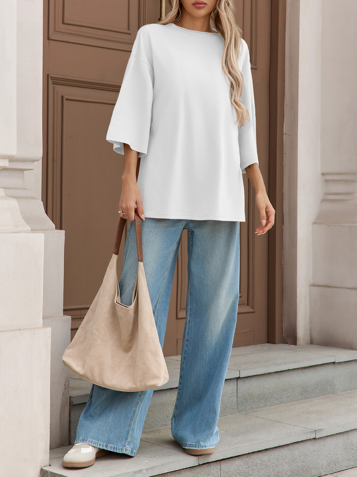 Casual Oversized 3/4 Sleeve Summer Loose Side Slit T Shirts