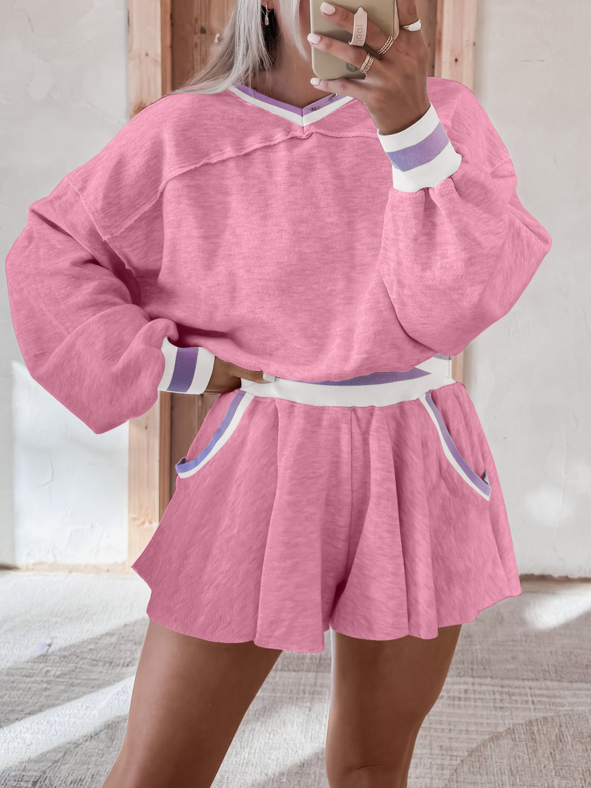 Womens Cropped Sweatshirt Loose Shorts Casual 2 Piece Lounge Sets