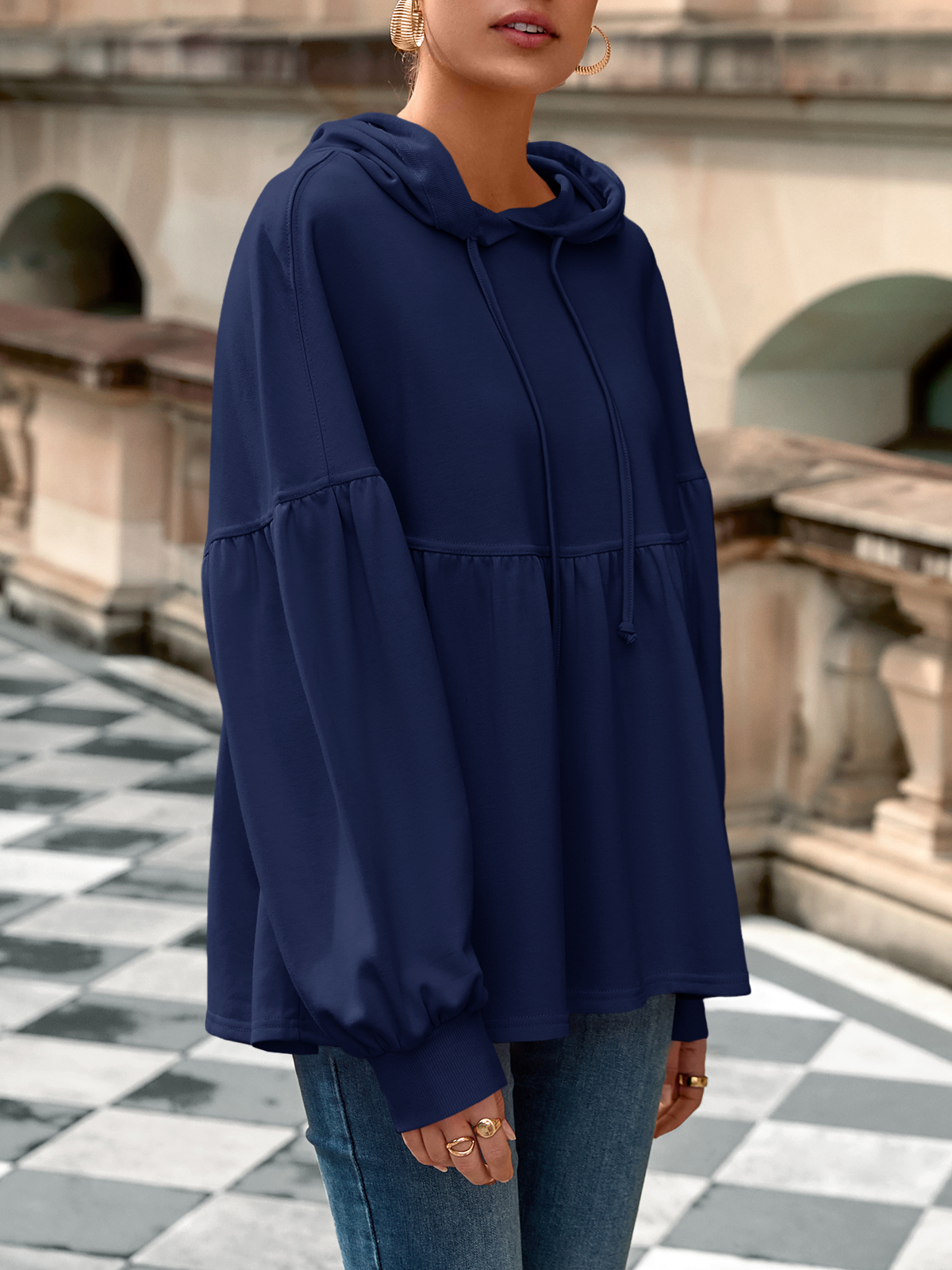 Lantern Long Sleeve Drawstring Peplum Hem Hoodies