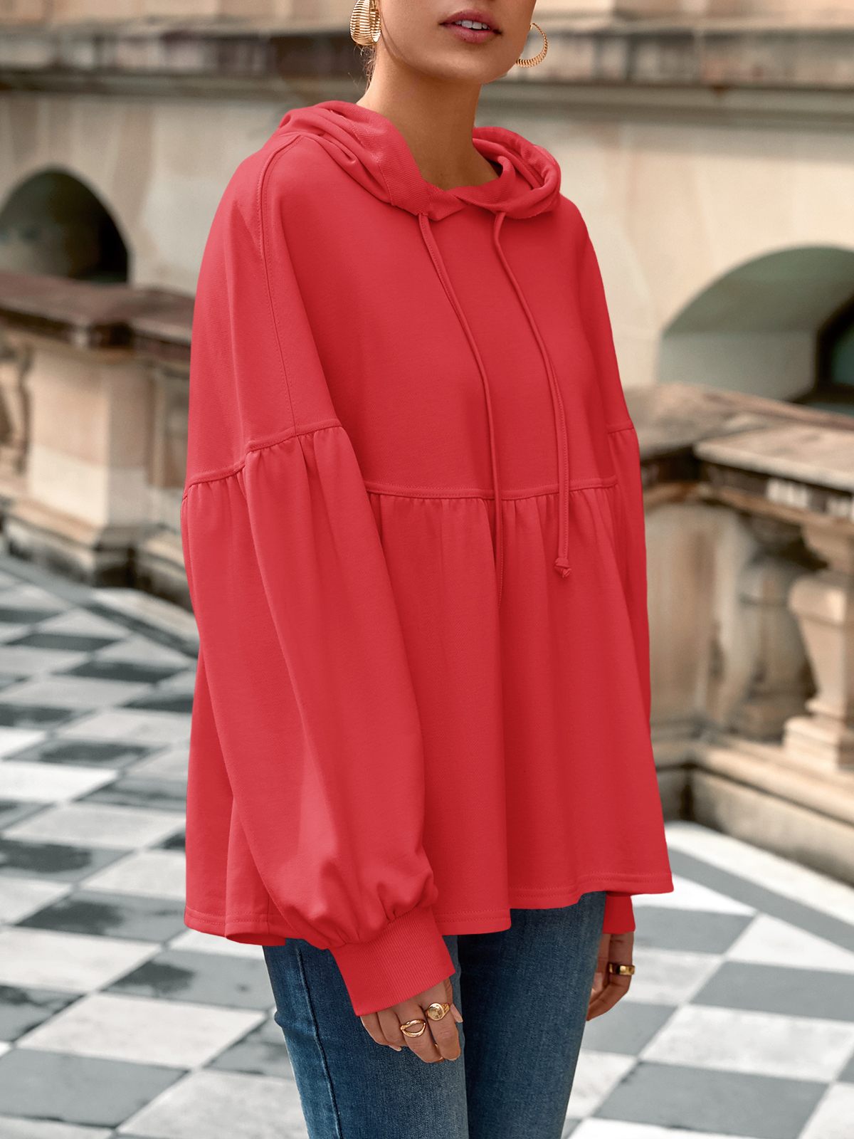 Lantern Long Sleeve Drawstring Peplum Hem Hoodies