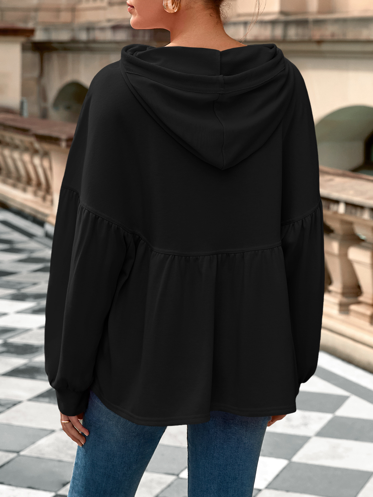 Lantern Long Sleeve Drawstring Peplum Hem Hoodies