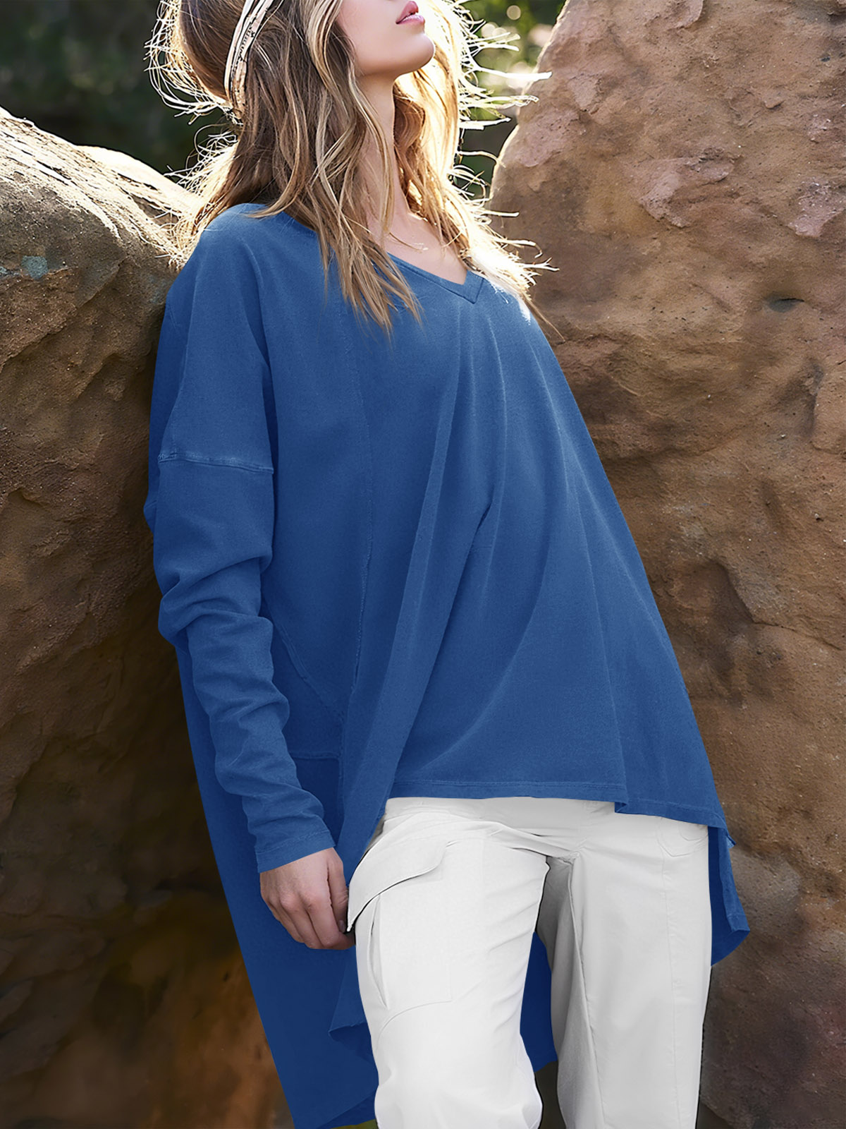 High Low V Neck Oversized Tunic Tops