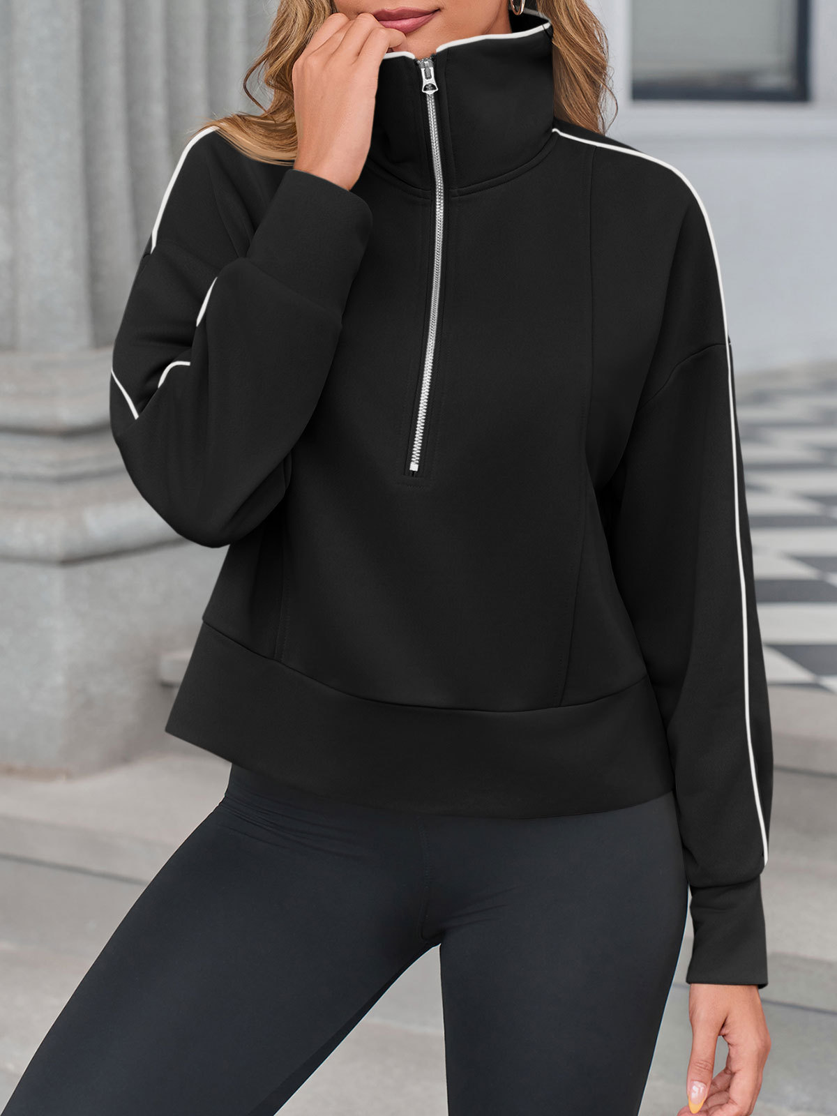 Casual Long Sleeve Half Zip Loose Fit Sweatshirt