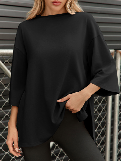 Casual Oversized 3/4 Sleeve Summer Loose Side Slit T Shirts