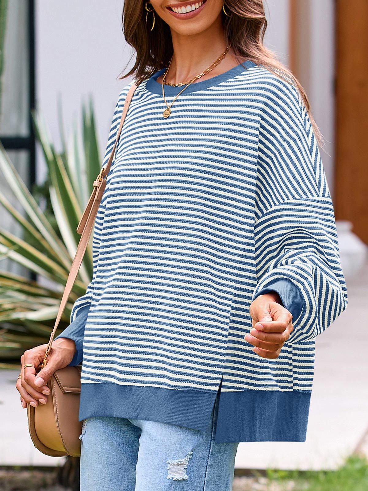 Women's Waffle Knit Long Sleeve Crewneck Oversized Sweatshirt