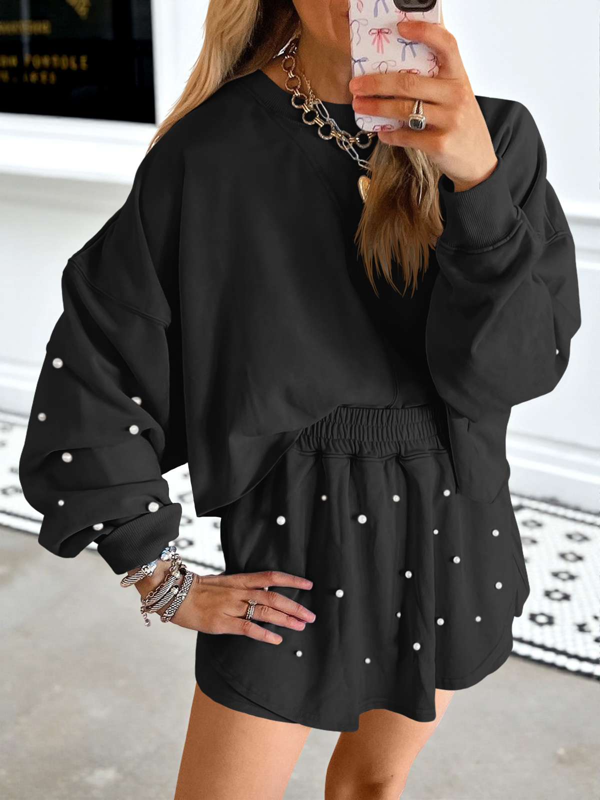 Womens Casual 2 Piece Outfits Decor Pearl Long Sleeve Sweatshirt and Fall Loose Skort Mini Skirt Sets