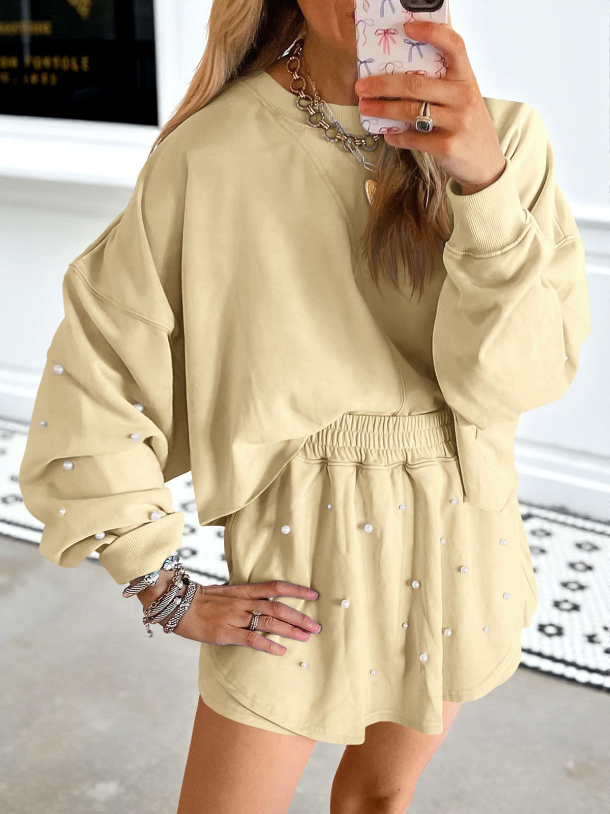 Casual Decor Pearl Long Sleeve Loose Fall Skort Mini Skirt Sets