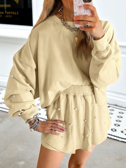 Casual Decor Pearl Long Sleeve Loose Fall Skort Mini Skirt Sets