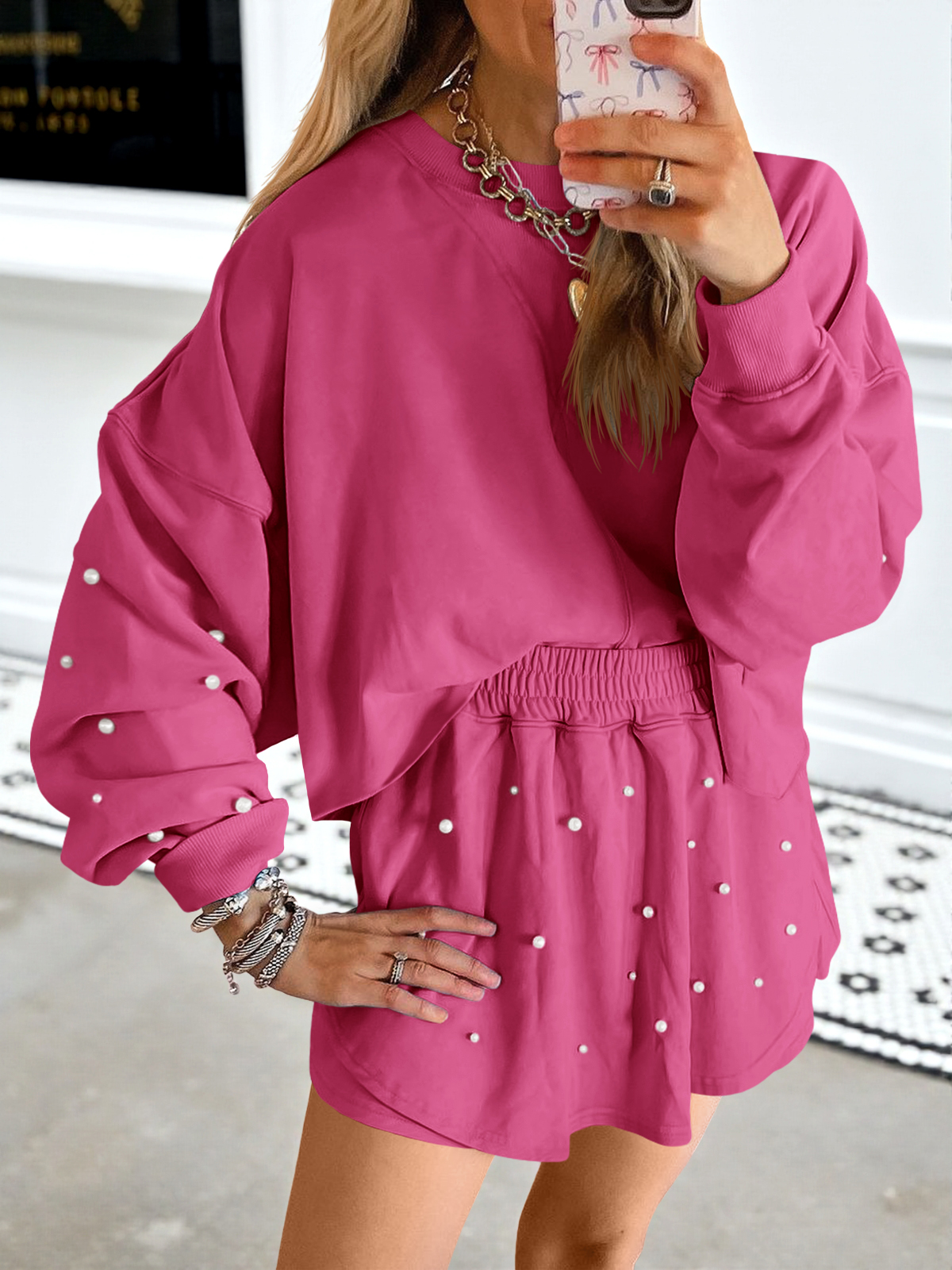 Casual Decor Pearl Long Sleeve Loose Fall Skort Mini Skirt Sets