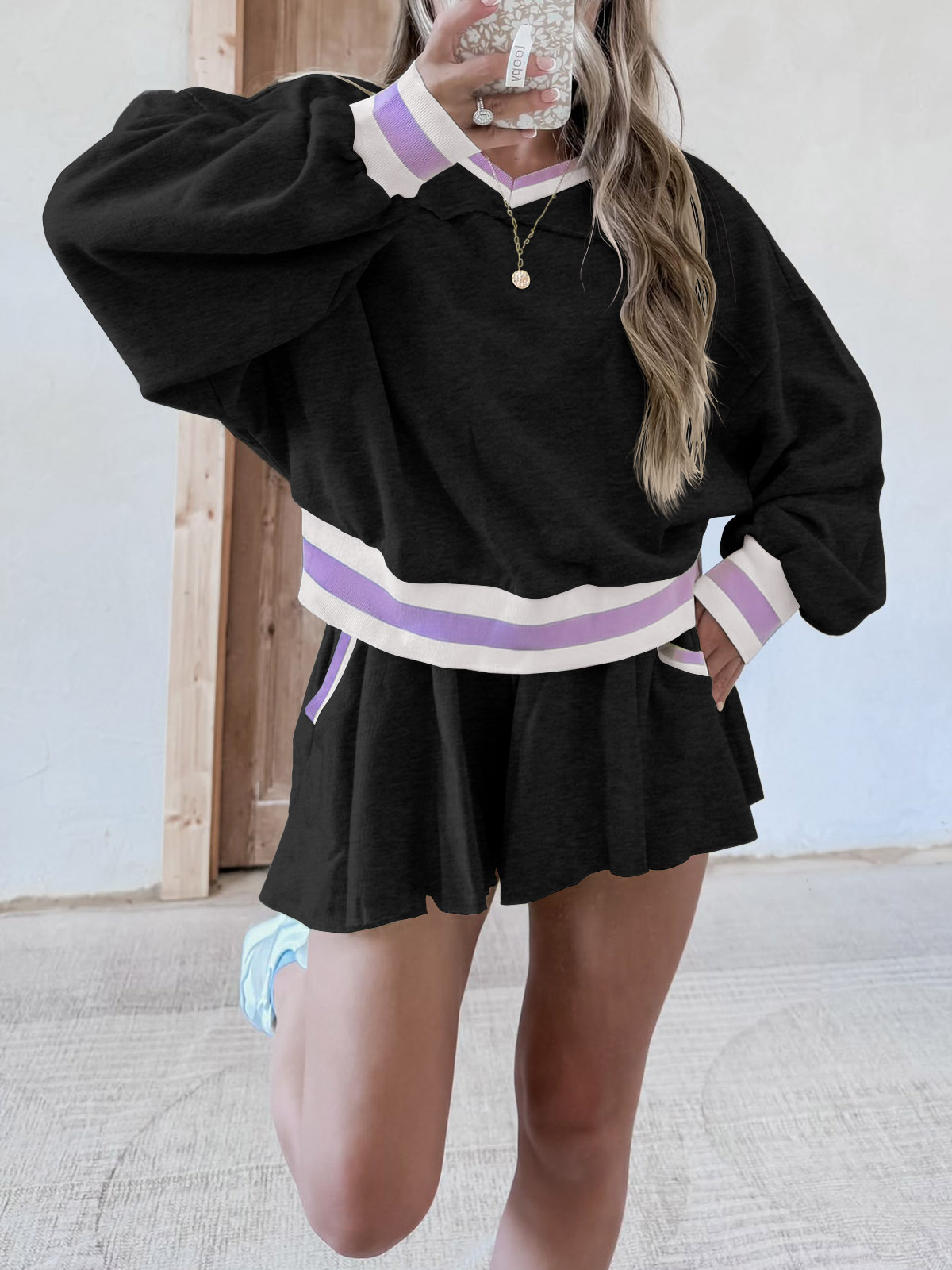 Womens Cropped Sweatshirt Loose Shorts Casual 2 Piece Lounge Sets