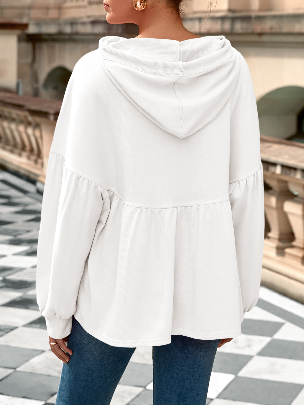 Lantern Long Sleeve Drawstring Peplum Hem Hoodies