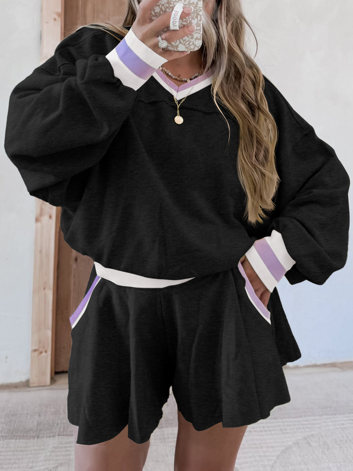 Womens Cropped Sweatshirt Loose Shorts Casual 2 Piece Lounge Sets