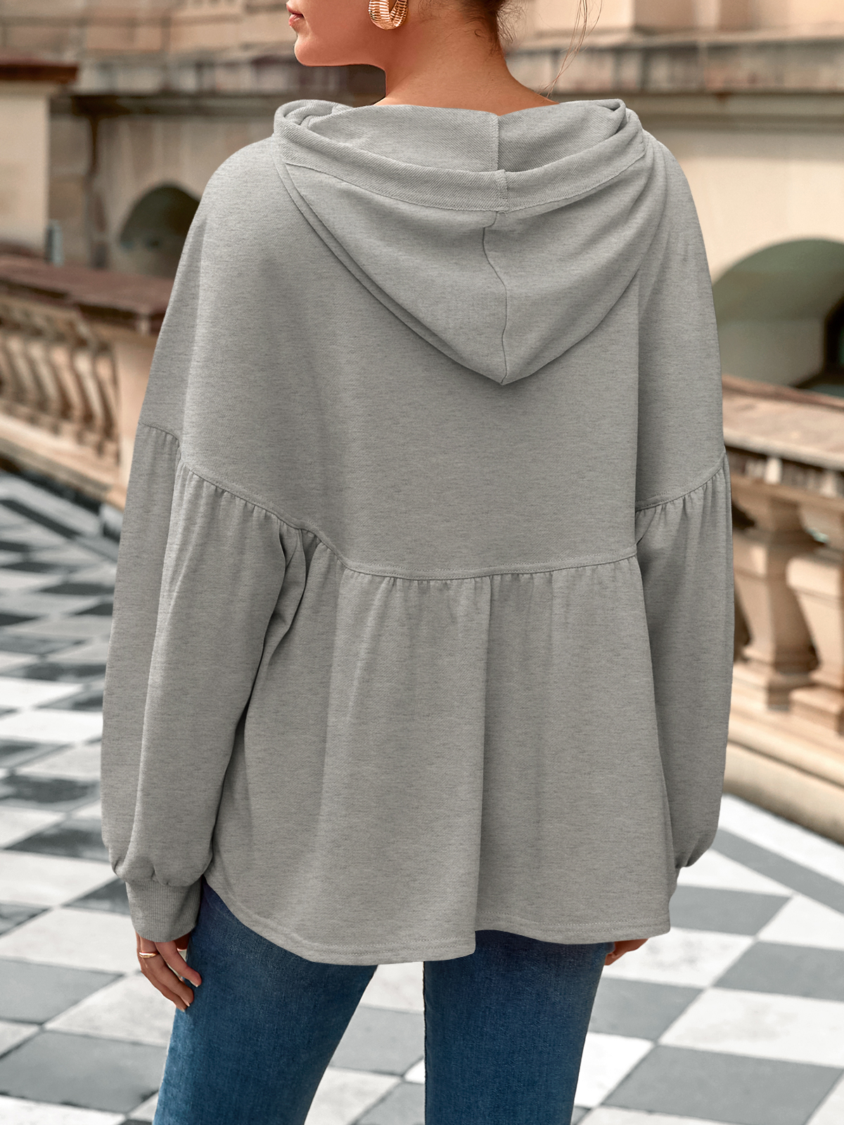 Lantern Long Sleeve Drawstring Peplum Hem Hoodies