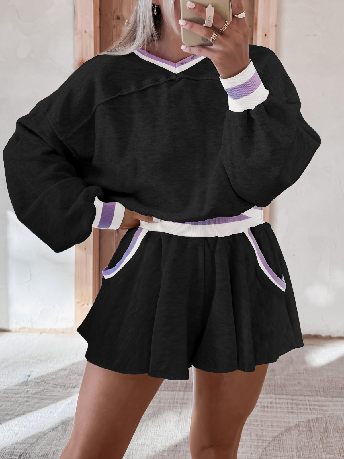 Womens Cropped Sweatshirt Loose Shorts Casual 2 Piece Lounge Sets