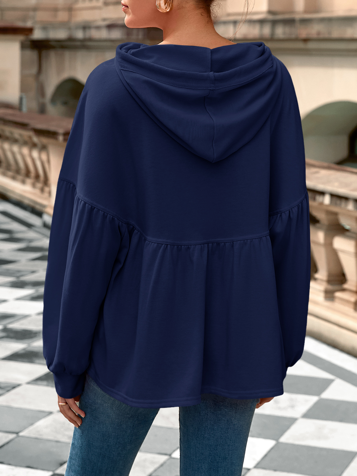 Lantern Long Sleeve Drawstring Peplum Hem Hoodies