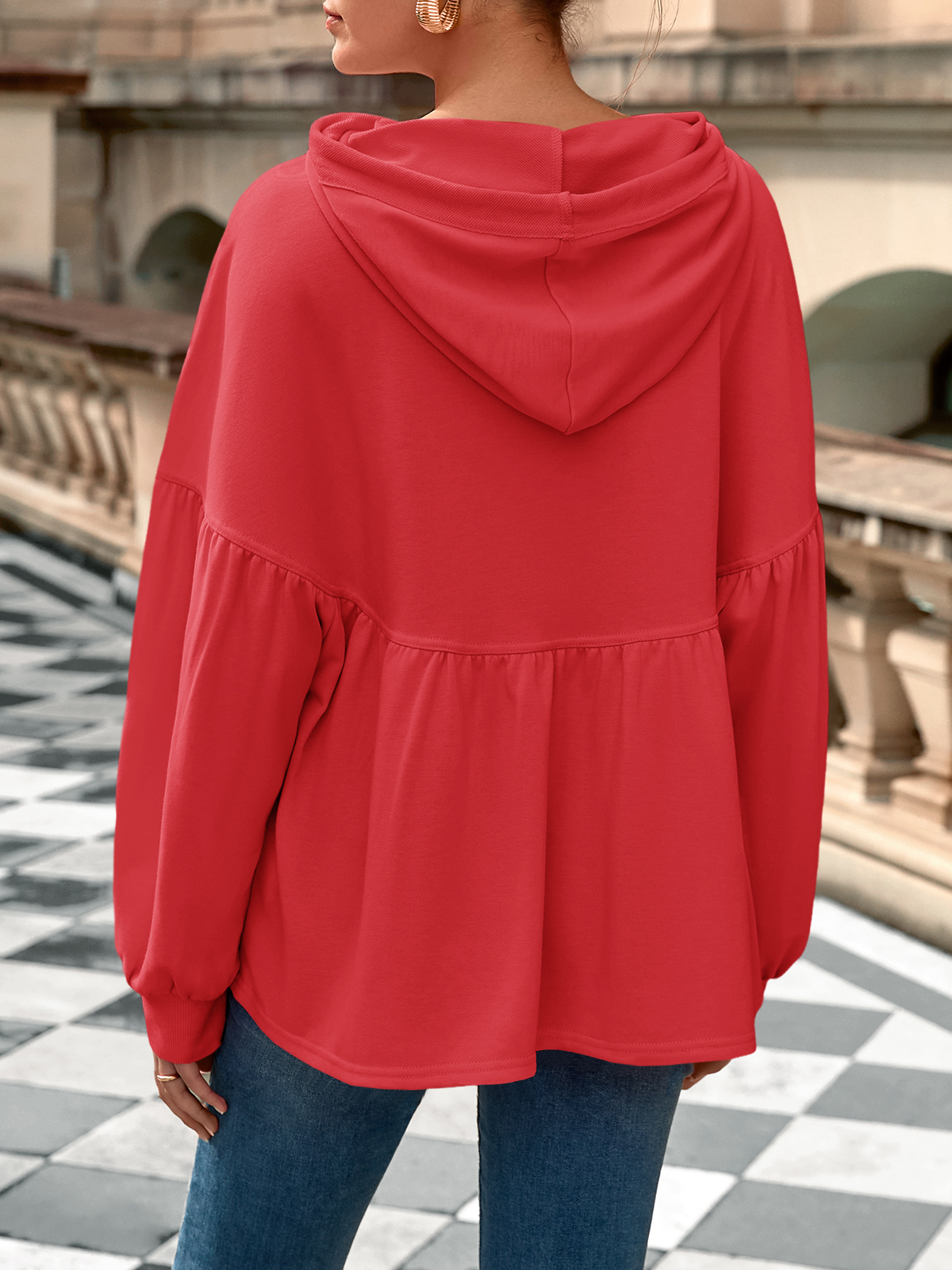 Lantern Long Sleeve Drawstring Peplum Hem Hoodies