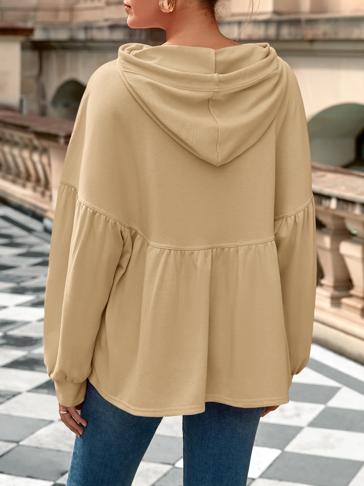 Lantern Long Sleeve Drawstring Peplum Hem Hoodies
