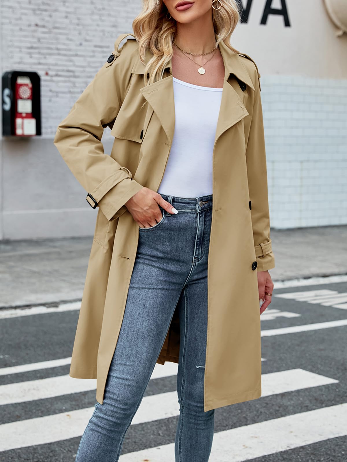 Women's Double Breasted Long Trench Coat Windproof Classic Lapel Slim Overcoat with Belt