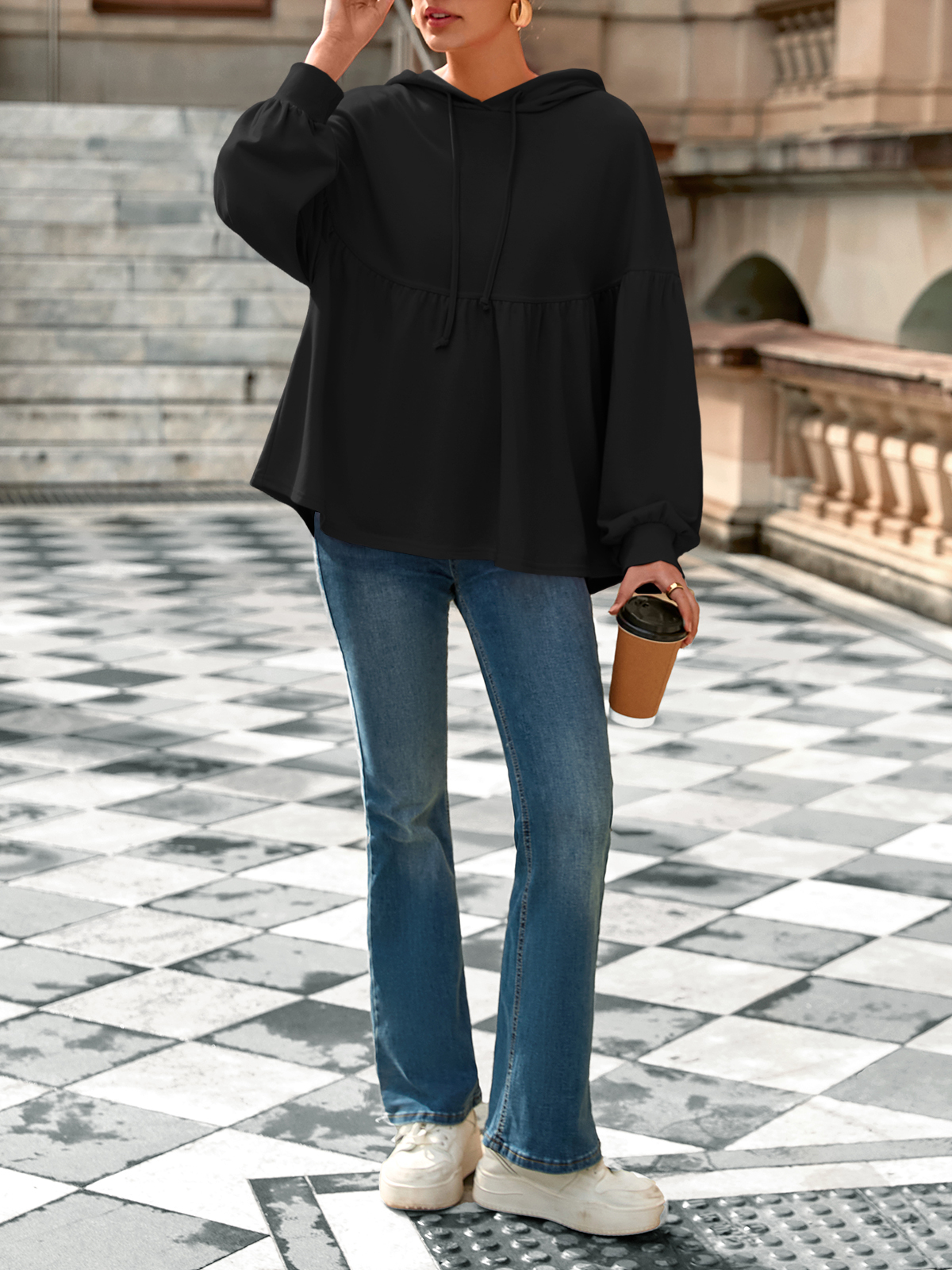 Lantern Long Sleeve Drawstring Peplum Hem Hoodies